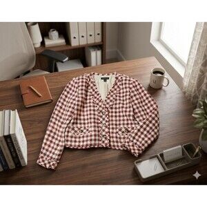 Ann Taylor Tweed Jacket Burgundy Cream Houndstooth Fringe Crop Blazer Textured